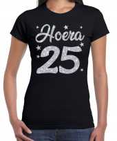 Zwart hoera 25 jaar verjaardag jubileum t-shirt voor dames met zilveren glitter bedrukking