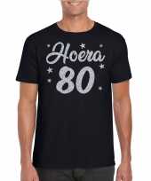 Zwart hoera 80 jaar verjaardag t-shirt voor heren met zilveren glitter bedrukking