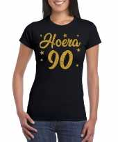 Zwart hoera 90 jaar verjaardag t-shirt voor dames met gouden glitter bedrukking