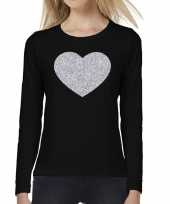 Zwart long sleeve t-shirt met zilveren hart voor dames